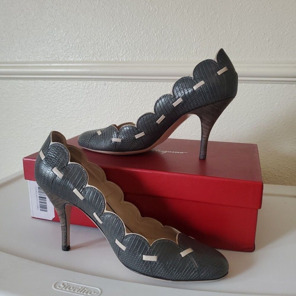 Salvatore Ferragamo Leather Heels Melisenda Ardesia‎ Lizard Piuma Gray Sz 8B DB